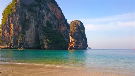 Railay Island Beach Thailand 4k Footage Of Mountain Cliff And Longtail