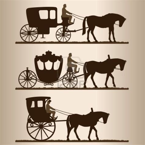 Silhouettes Of Horse Drawn Carriages With Riders Two Wheeled Bike