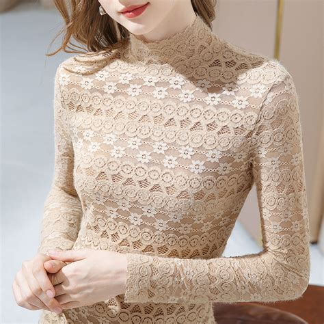 turtleneck lace bottoming shirt women 2021 autumn and winter new long sleeved t shirt sexy