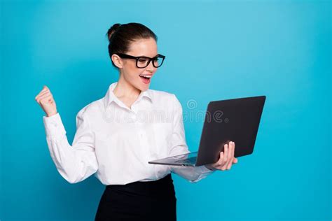 Portrait Of Nice Skilled Cheerful Expert Girl Holding In Hands Laptop