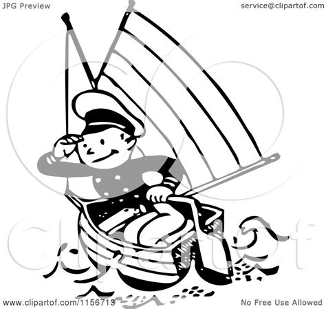 Clipart Of A Black And White Retro Sailor In A Boat Royalty Free