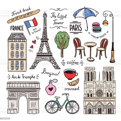 Paris And France Hand Drawn Illustrations Travel Symbols Stock Vector