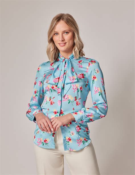 Womens Blue And Red Floral Pussy Bow Blouse