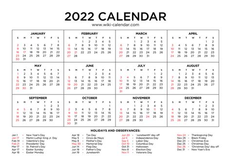 Year 2022 Calendar Printable With Holidays Wiki Calendar