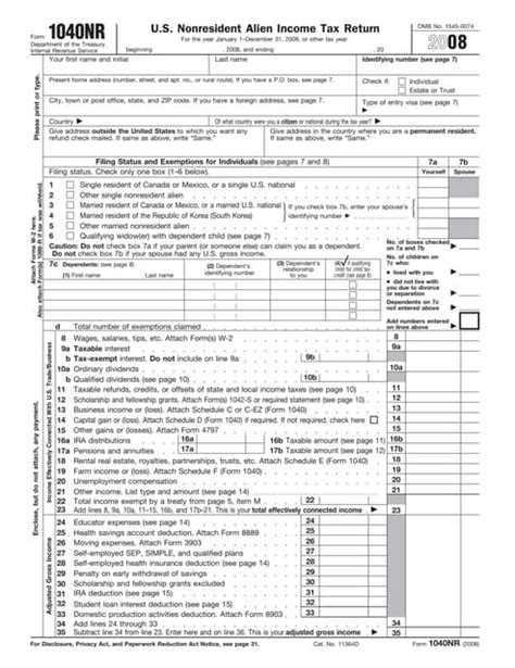 Form 1040nr Nonresident Alien Income Tax Return Pdf