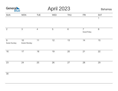April 2023 Calendar With Bahamas Holidays