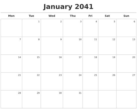 January 2041 Calendar Maker