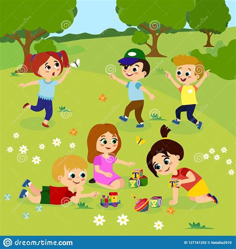 Vector Illustration Of Kids Playing Outside On Green Grass With Flowers