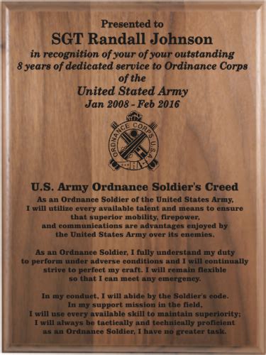 Ordnance Soldiers Creed Walnut Plaque Army Creed Retirement Plaques