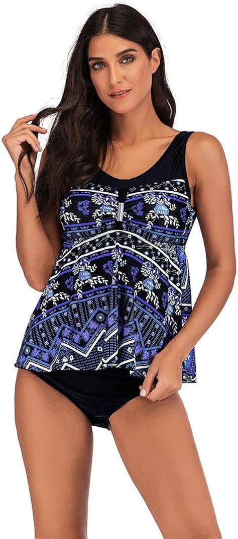 Lonmei Womens 2 Pieces Tankini Sets Printed Casual Slim Plus Size Summer Quick Drying