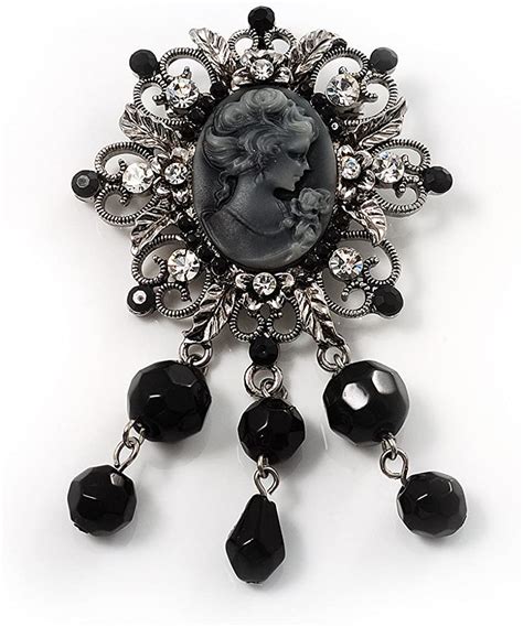 Avalaya Antique Silver Black Charm Cameo Brooch Brooches