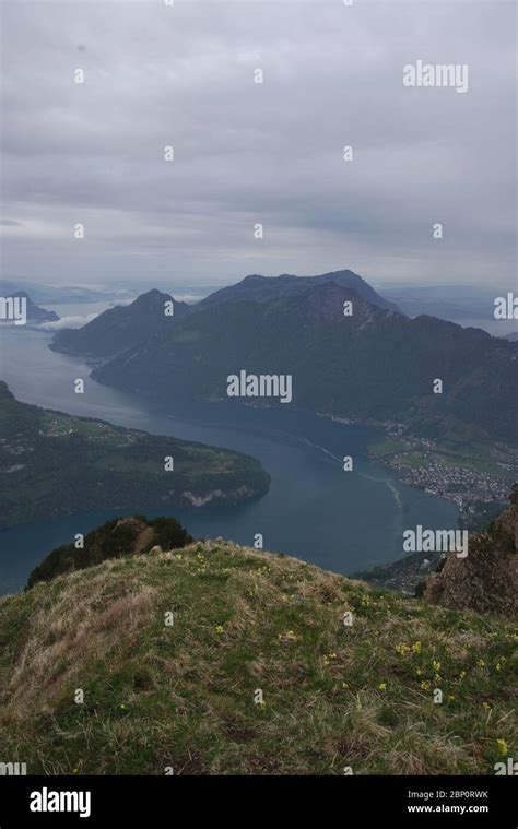 Panorama From Fronalpstock Mountain Peak Overlooking Lake Lucerne And A