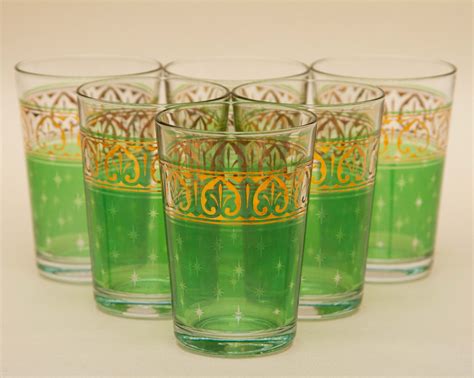 Set Of Vintage Turkish Pasabahce Glasses Green And Gold Love Vintage