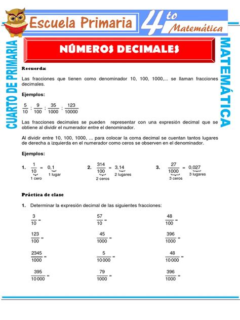 Números Decimales Para Cuarto De Primaria Decimal Fracción