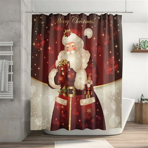 A Christmas Themed Shower Curtain With Santa Claus Holding A Gift Bag
