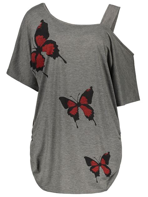 41 Off 2022 Plus Size Cold Shoulder Butterfly Print Top In Gray