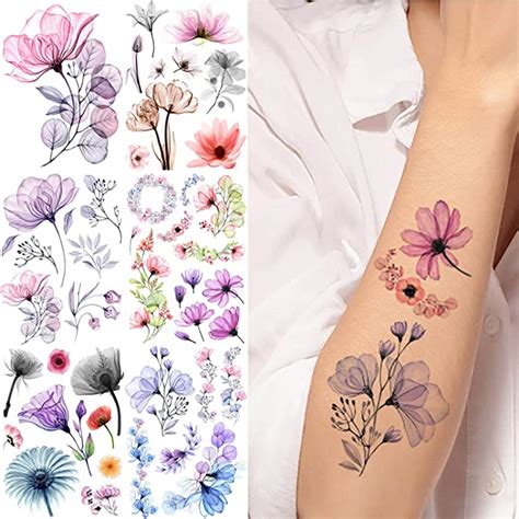 buy glaryyears 8 sheets xray flower tattoos for women x ray rose lily leaf black translucent