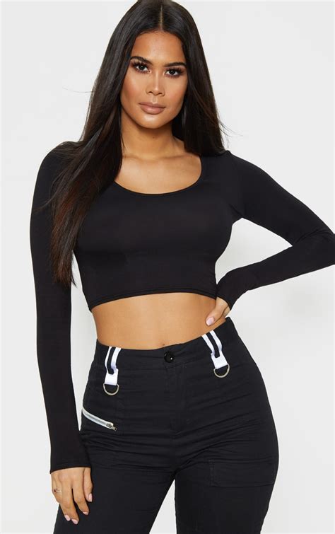 Black V Neck Long Sleeve Crop Top Tops Prettylittlething Aus