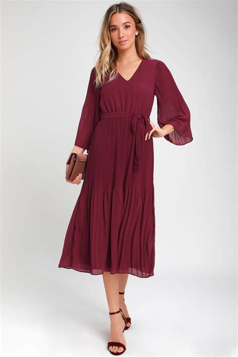 Chic Burgundy Dress Midi Dress Pleated Midi Dress Lulus