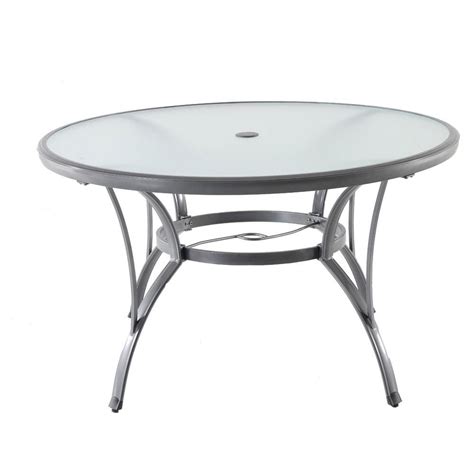 hampton bay commercial grade aluminum grey round glass outdoor dining table fta60762g the home