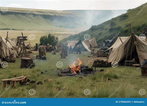 Nomadic Tribe Setting Up Camp In Green Meadow With Tents And Cooking