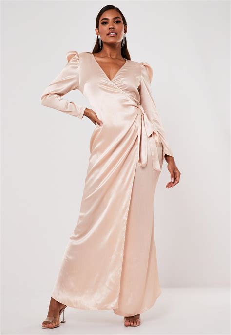Champagne Satin Puff Sleeve Wrap Maxi Dress Missguided
