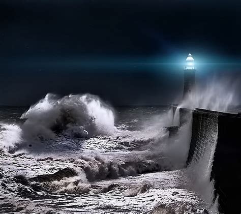 Lighthouse Beacon Waves Storm Sea Blue Night Light Hd Wallpaper