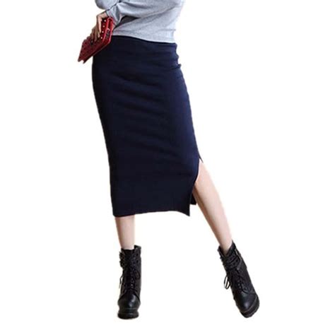 2017 Spring Sexy Chic Pencil Skirts Office Look Mid Waist Mid Calf Solid Skirt Casual Slim In