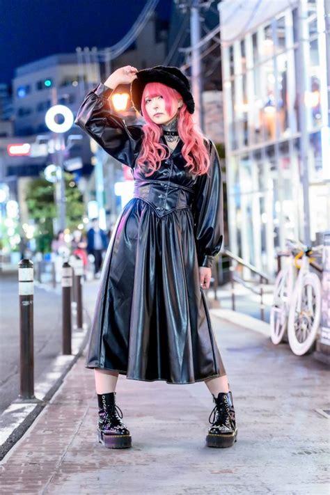 Pink Haired Harajuku Girl On Cat Street W Tattoos Jouetie Leather Dress Choker And Spiked Boots