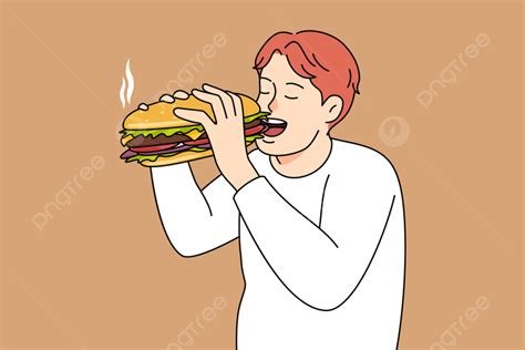 Hungry Man Eating Big Burger Enjoy Hungry Homemade Png And Vector