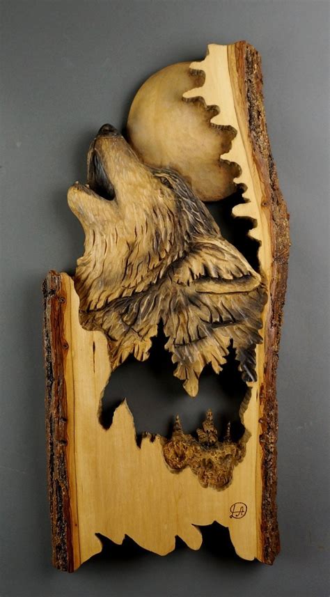 Wolf Carved On Wood Wood Carving With Bark Hand Made By Davydovart