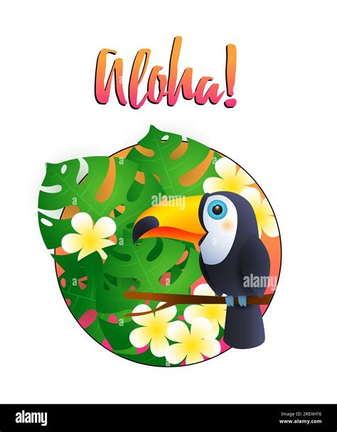 aloha lettering with tropical leaves and toucan in circle stock vector image and art alamy