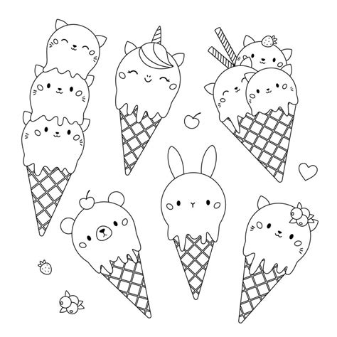 Kawaii Coloring Page With Cute Ice Cream In Waffle Cone Animal Shaped