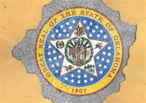 Flag Of Us State Oklahoma Seal In Big Broken Material Concrete Hole