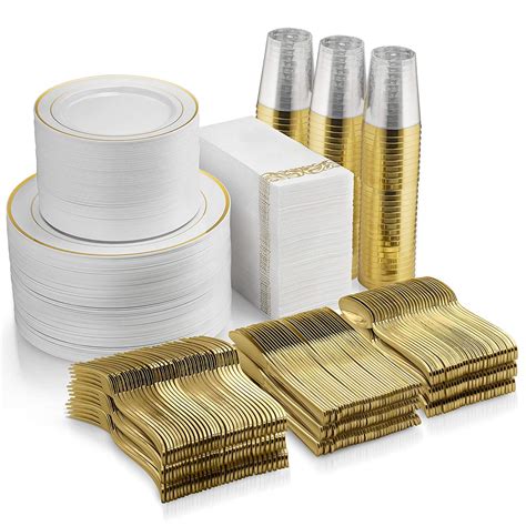 Buy Munfix 700 Piece Gold Dinnerware Set 200 Gold Rim Plastic Plates