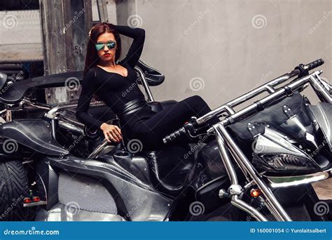 Stylish Woman Model Sitting On A Cool Motorcycle Stock Photo Image