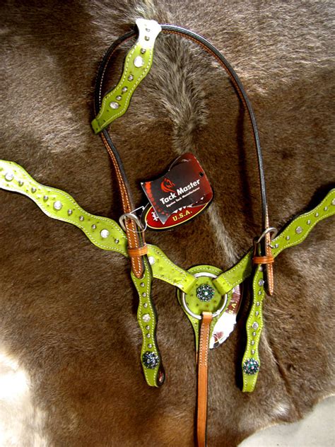 Horse Bridle Western Leather Headstall Breastcollar Lime Green Tack