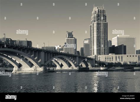 Usa Minnesota Minneapolis Skyline With Third Avenue Bridge From