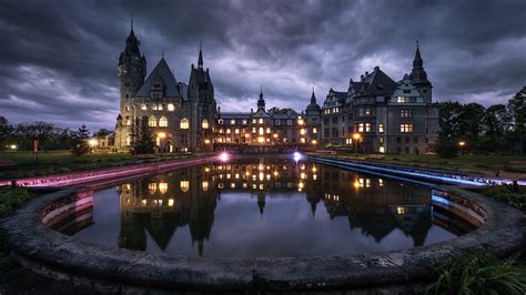 Moszna Castle Hdr Night Poland With Reflection On Water Hd Travel