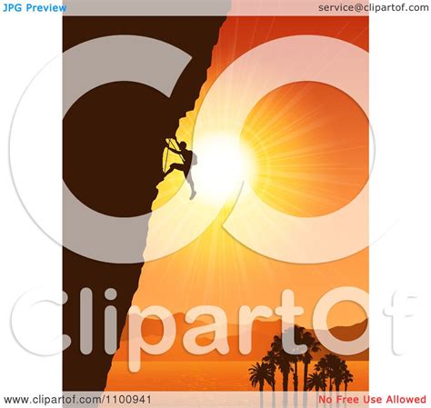 Clipart Silhouetted Rock Mountain Climber Against An Orange Tropical