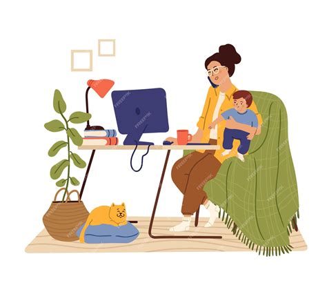 Premium Vector Mother Work From Home Working Mom Busy Freelancer