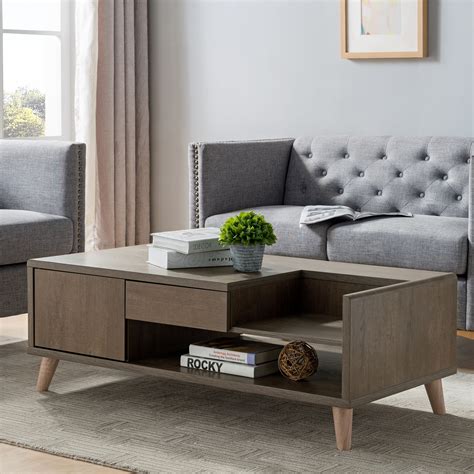 Furniture Of America Lit Mid Century Modern Oak 2 Drawer Coffee Table