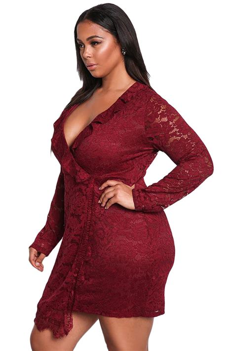 Sexy Burgundy Plus Size Lace Faux Wrap Ruffle Dress Sexy Affordable