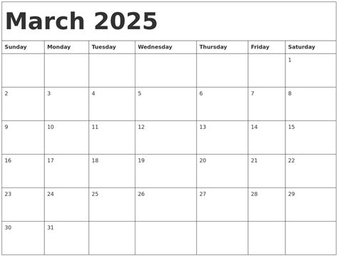 March 2025 Calendar Template