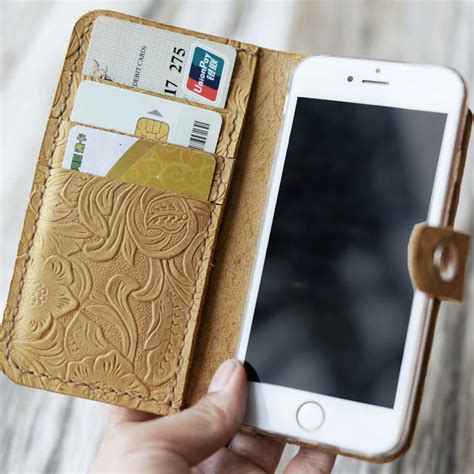 Womens Tooled Leather Iphone Wallet Case Handmade Tan 408 Extra