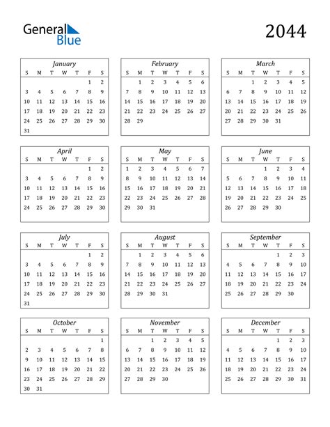 2044 Calendar Pdf Word Excel