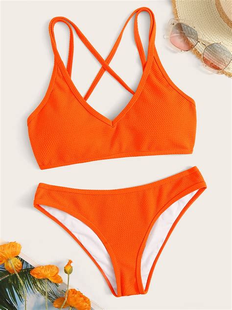 Neon Orange Lace Up Back Textured Bikini Set Ad Ad Laceorangeneon Cute Swimsuits Two