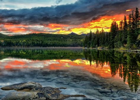 Alberta Canada Lake Sunset Reflection Forest Bottom Landscape Wallpaper