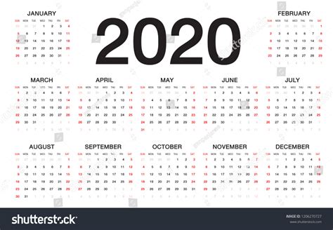 Calendar 2020 Template Vector Set Of 12 Months Royalty Free Stock