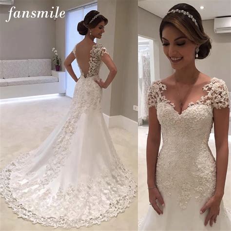 Fansmile Illusion Vestido De Noiva White Backless Lace Mermaid Wedding